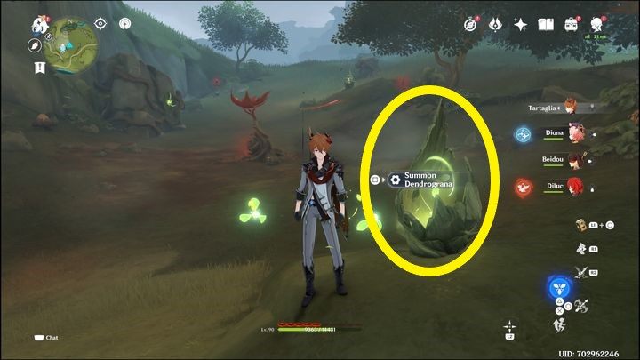 Aby rozpocząć proces oczyszczania lokacji, powinniście najpierw zlokalizować obiekt nazywający się Dendrograna (na screenie powyżej) - Genshin Impact: Withering Zone - Sumeru - Genshin Impact - poradnik do gry