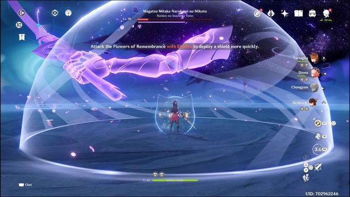 Jeśli się Wam to uda (a w przypadku Electro wystarczy tylko raz zaatakować kwiat tym żywiołem), stworzycie barierę wokół siebie - Genshin Impact: Raiden Shogun - boss, jak pokonać? - Genshin Impact - poradnik do gry