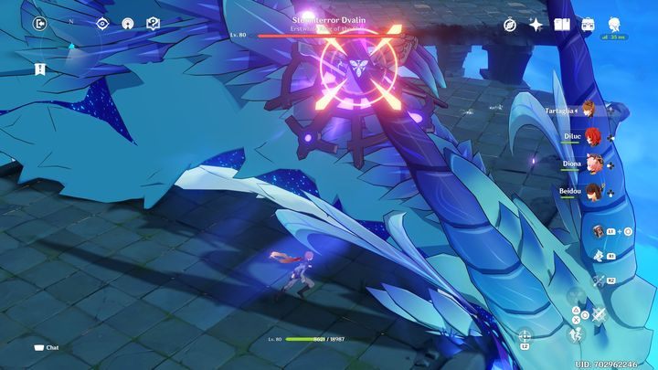 W momencie, gdy zadacie mu dostatecznie dużo obrażeń, pozbywając się paska wytrzymałości, boss upadnie na arenę - Genshin Impact: Stormterror Dvalin - boss, jak pokonać ? - Genshin Impact - poradnik do gry