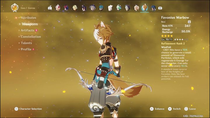 Pierwsza broń jest trudna do zdobycia, a mowa tutaj o pięciogwiazdkowym łuku Elegy of the End - Genshin Impact: Gorou - najlepsze buildy (Geo) - Genshin Impact - poradnik do gry