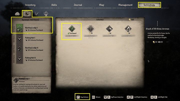 W dziale Technologia i sekcji Przetrwanie musisz kupić schemat łuku za 50 monet - Medieval Dynasty: Łuk - jak zdobyć? - Medieval Dynasty - poradnik do gry