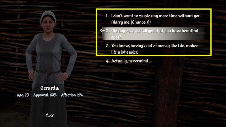 Propozycja oświadczyn pojawi się od razu, bez względu na stopień uczuć, jednak nie warto jej wybierać, dopóki szanse wyrażone w nawiasie na końcu nie będą większe niż 50% - Medieval Dynasty: Uczucia i flirtowanie - Medieval Dynasty - poradnik do gry