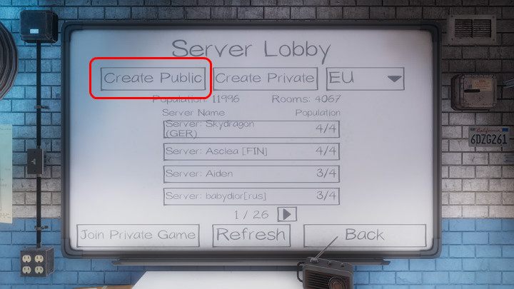 Aby stworzyć serwer publiczny w grze Phasmophobia po zalogowaniu się do rozgrywki podejdź do tablicy w kryjówce łowców duchów i wybierz opcję Graj, a następnie kliknij w przycisk Stwórz serwer publiczny (Create Public) - Phasmophobia: Matchmaking - czy jest? - Phasmophobia - poradnik do gry