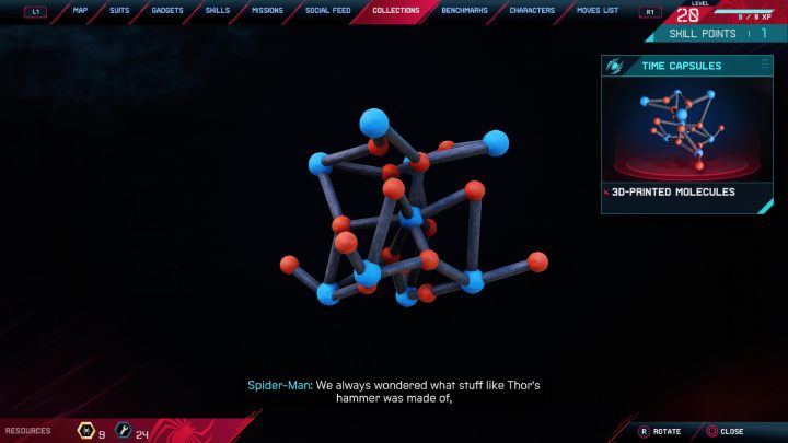 W jednej z kapsuł czasu znajdziesz model cząsteczki, którą Miles i Phin stworzyli zastanawiając się z czego zrobiony jest Młota Thora, Mjölnir - Spider-Man Miles Morales: Easter eggi - Spider-Man Miles Morales - poradnik, solucja