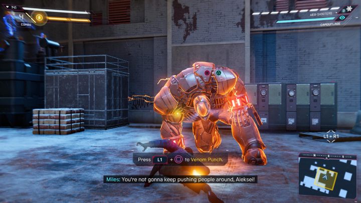 Na początku bitwy Miles odblokuje swoją pierwszą, nową zdolność - Jadowity Cios - Spider-Man Miles Morales: Rhino - boss, jak pokonać? - Spider-Man Miles Morales - poradnik, solucja