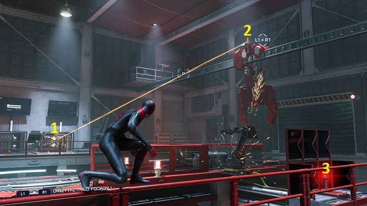 Aby zasilić laser, musisz przenieść trochę energii elektrycznej z generatora - Spider-Man Miles Morales: Spotkanie na szczycie - solucja, opis przejścia - Spider-Man Miles Morales - poradnik, solucja