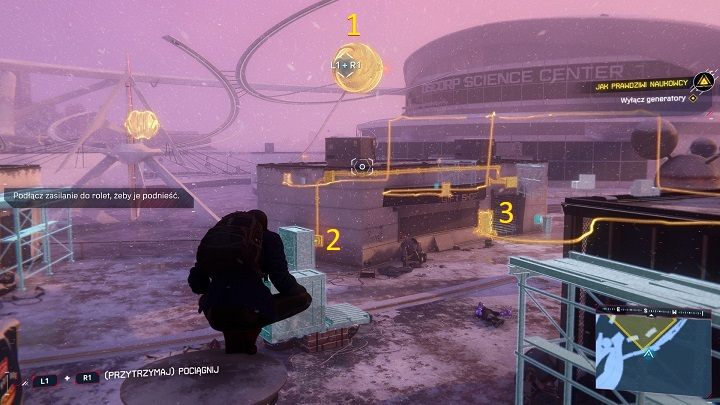 Po pierwsze ustaw odpowiednio konstrukcję z trzema kulami przed budynkiem - Spider-Man Miles Morales: Jak prawdziwi naukowcy - solucja, opis przejścia - Spider-Man Miles Morales - poradnik, solucja