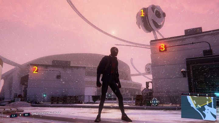 Po prawej stronie od głównego budynku będziesz musiał przeciągnąć pajęczą sieć najpierw od kuli (1) do budynku (2), a następnie do właściwego pręta (3) aby zasilić rolety i dostać się do trzeciego generatora - Spider-Man Miles Morales: Jak prawdziwi naukowcy - solucja, opis przejścia - Spider-Man Miles Morales - poradnik, solucja