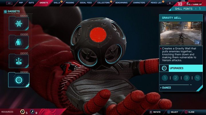 Gadżet ten możesz wykupić będąc na co najmniej 7 poziomie za 10 żetonów aktywności i 1 część, w 3 zakładce po wciśnięciu touchpada - Spider-Man Miles Morales: Studnia Grawitacyjna - lista modyfikacji - Spider-Man Miles Morales - poradnik, solucja