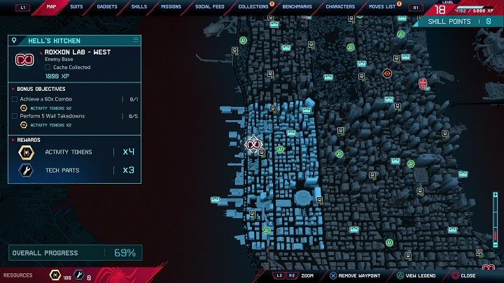 Za zniszczenie każdego Laboratorium Roxxon, Miles otrzyma 1000 punktów doświadczenia, 3 części, 4 żetony oraz dodatkowe żetony za wykonanie zadań bonusowych - Spider-Man Miles Morales: Laboratoria Roxxon - wszystkie lokacje, lista - Spider-Man Miles Morales - poradnik, solucja