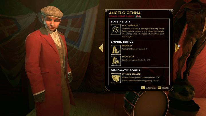 Angelo Genna to postać sprawdzająca się na płaszczyźnie dyplomacji i bardziej bojowego podejścia - Empire of Sin: Angelo Genna - boss, charakterystyka - Empire of Sin - poradnik do gry