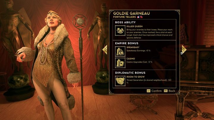 Goldie Garneau jest bossem, który sprawdza się jeśli chcesz rozwijać się w dyplomacji - Empire of Sin: Goldie Garneau - boss, charakterystyka - Empire of Sin - poradnik do gry