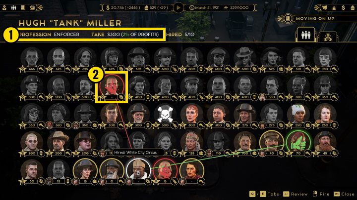 Jeśli jednak te informacje nie są wystarczające, to możesz wejść na kartę postaci (domyślnie enter na klawiaturze) - Empire of Sin: Rekruci - werbunek, przykładowe drużyny - Empire of Sin - poradnik do gry