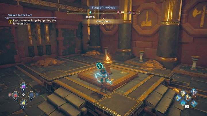 Udaj się do rozpalonej pochodni, a następnie podpal pochodnie, który są oznaczone symbolami, które możesz zobaczyć na ścianie - Immortals Fenyx Rising: Wstrząśnięta do głębi - solucja, opis przejścia - Immortals Fenyx Rising - poradnik do gry