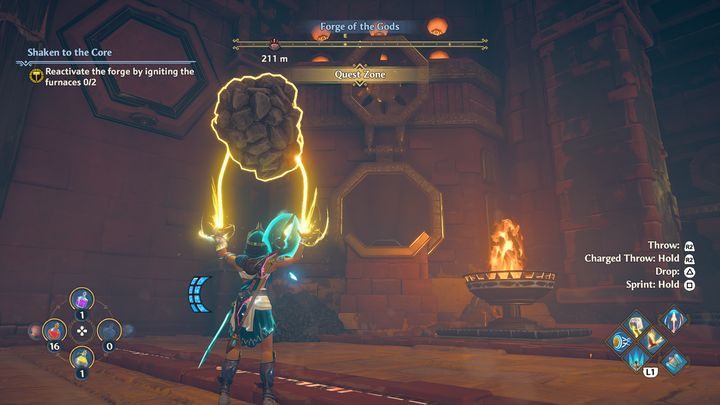 Następnie wróć do głównej sali, wrzuć węgiel do wnętrza pieca, na sam koniec skorzystaj ze strzały Apolla i zapal piec - Immortals Fenyx Rising: Wstrząśnięta do głębi - solucja, opis przejścia - Immortals Fenyx Rising - poradnik do gry