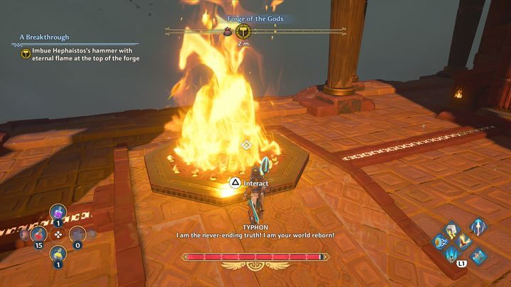 Po pokonaniu przeciwników, udaj się do ogniska i wejdź z nim w interakcję, dzięki czemu zakończysz zadanie - Immortals Fenyx Rising: Przełom - solucja, opis przejścia - Immortals Fenyx Rising - poradnik do gry