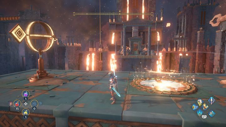 Będąc na samym szczycie budynku, strzel w kolejny drogowskaz i poszybuj na drugi koniec kuźni - Immortals Fenyx Rising: Mroczne sztuki - solucja, opis przejścia - Immortals Fenyx Rising - poradnik do gry