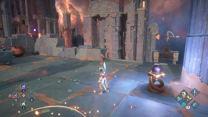 Będąc po drugiej stronie, strzel w kolejny cel na drogowskazie, gdyż powietrze nie będzie pozwalać ci na przetransportowanie pobliskiej, drewnianej kuli - Immortals Fenyx Rising: Mroczne sztuki - solucja, opis przejścia - Immortals Fenyx Rising - poradnik do gry