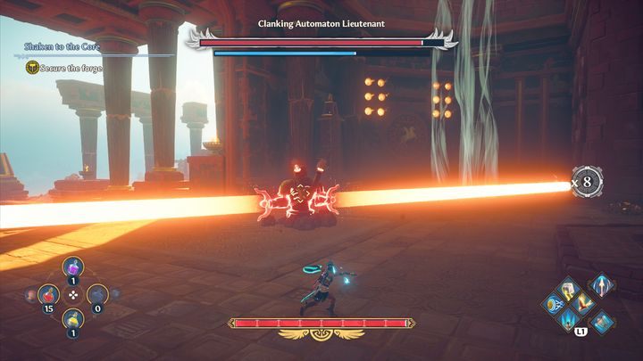 Bossa lepiej nie próbować parować, gdyż posiada wiele ruchów, które to umożliwiają - Immortals Fenyx Rising: Skrzypiący przyboczny automatonów - boss, jak pokonać? - Immortals Fenyx Rising - poradnik do gry