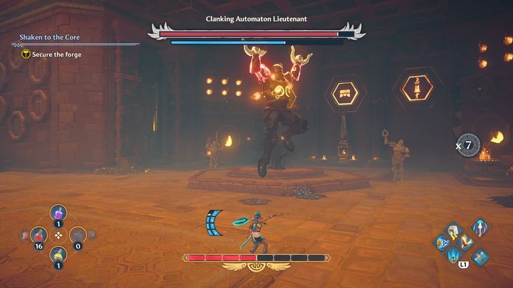 Boss może również wbić swoje szczypce w ziemię, aby po chwili wyskoczyć w powietrze i zadać obrażenia, gdy wyląduje - Immortals Fenyx Rising: Skrzypiący przyboczny automatonów - boss, jak pokonać? - Immortals Fenyx Rising - poradnik do gry