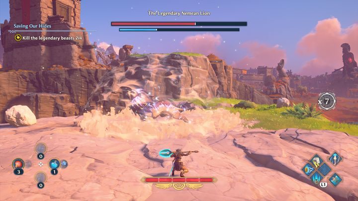 Lew może czasem stanąć w bezruchu na moment, gdy zauważysz, że lew się nie rusza, lepiej odejdź od niego, gdyż po krótkiej chwili zacznie świecić się na czerwono i będzie ryczeć - Immortals Fenyx Rising: Ratowanie skóry - solucja, opis przejścia - Immortals Fenyx Rising - poradnik do gry