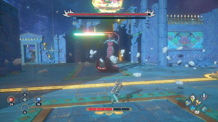 Jej drugim atakiem jest stworzenie potężnego pocisku o kolorze zielonym, który zadaje duże obrażenia - Immortals Fenyx Rising: Władcza Meduza - boss, jak pokonać? - Immortals Fenyx Rising - poradnik do gry