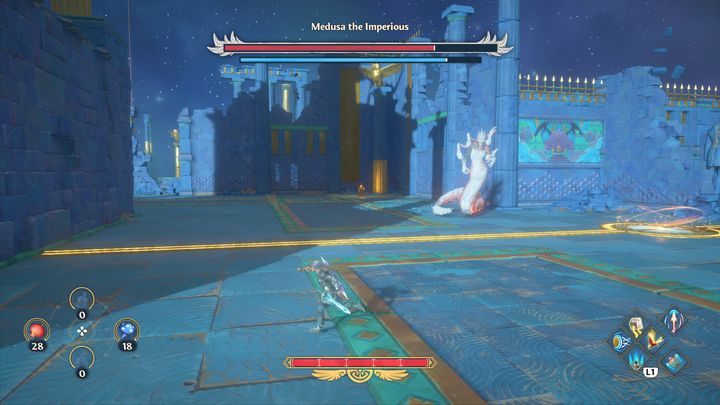 Trzeci ruch jest defensywnym zagraniem, gdyż Meduza pokrywa swoje ciało kamieniem, przez co ataki nie zadają jej obrażeń - Immortals Fenyx Rising: Władcza Meduza - boss, jak pokonać? - Immortals Fenyx Rising - poradnik do gry