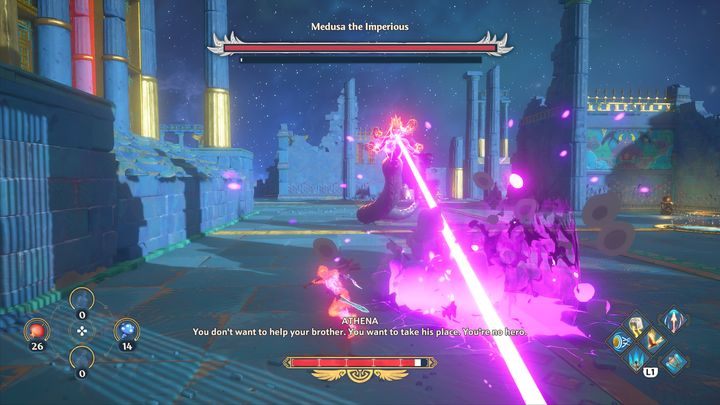 Nowa faza i nowy ruch, a jest nim fioletowy laser, który po pierwsze, pozostawia po sobie plamę, która zadaje obrażenia w czasie oraz spowalnia - Immortals Fenyx Rising: Władcza Meduza - boss, jak pokonać? - Immortals Fenyx Rising - poradnik do gry