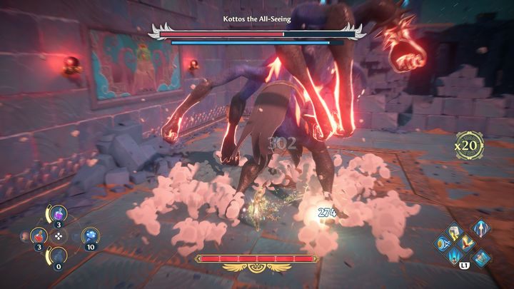Kilkukrotny atak swoimi pięściami w ziemie spowoduje to, że zacznie on tworzyć pod tobą kolumny, które po chwili wyrosną z ziemi i zadadzą obrażenia - Immortals Fenyx Rising: Wszechwidzący Kottos - boss, jak pokonać? - Immortals Fenyx Rising - poradnik do gry