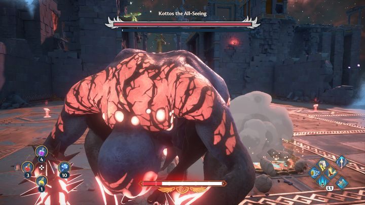 Jego najpotężniejszym atakiem jest zwinięcie się w kłębek, wyprostowując dłonie i wyrzucenie samego siebie w swoją stronę - Immortals Fenyx Rising: Wszechwidzący Kottos - boss, jak pokonać? - Immortals Fenyx Rising - poradnik do gry