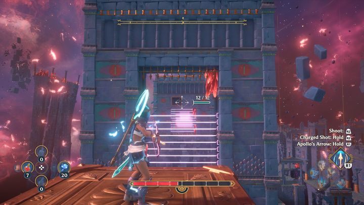 Następnie, gdy upadniesz na kostkę, skorzystaj ze strzał Apolla, aby trafić w cel, który wyłączy lasery - Immortals Fenyx Rising: Pajęcza sieć - solucja, opis przejścia - Immortals Fenyx Rising - poradnik do gry