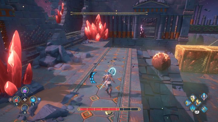 Po zniszczeniu nasiona, poczekaj aż po lewej stronie kula zacznie się toczyć w dół - Immortals Fenyx Rising: Pajęcza sieć - solucja, opis przejścia - Immortals Fenyx Rising - poradnik do gry