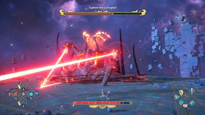 Kiedy Tyfon wbije się swoimi rękoma w ziemie, jego dwie głowy zaczną ostrzeliwać cię laserem - Immortals Fenyx Rising: Tyfon Niszczyciel - boss, jak pokonać? - Immortals Fenyx Rising - poradnik do gry