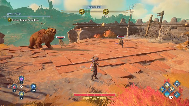 Gdy dostaniesz się do wyznaczonego punktu, załączy się cutscenka, a po niej, zostaniesz zaatakowany przez żołnierzy Tyfona - Immortals Fenyx Rising: Szczęki Wojny - solucja, opis przejścia - Immortals Fenyx Rising - poradnik do gry