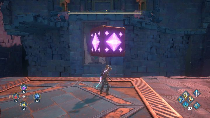 Następnie strzel w kostkę, przyciągnij ją do siebie i rzuć w ścianę, aby móc potem na nią wskoczyć i dostać się dalej - Immortals Fenyx Rising: Szczęki Wojny - solucja, opis przejścia - Immortals Fenyx Rising - poradnik do gry