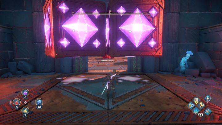 Ostatni etap przed punktem kontrolnym, to dwie kości blokujące drogę, uderz je, aby zrobić lukę i przejść pod nimi - Immortals Fenyx Rising: Szczęki Wojny - solucja, opis przejścia - Immortals Fenyx Rising - poradnik do gry