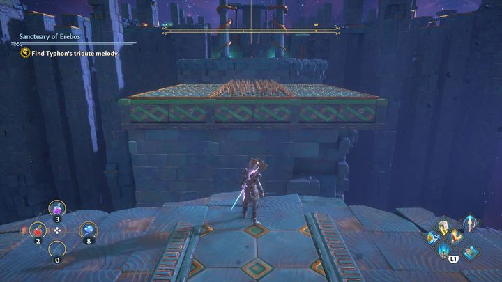 Następny etap to długo utrzymujące się kolce, raz na środku, raz po bokach - Immortals Fenyx Rising: Hierarchia ważności - solucja, opis przejścia - Immortals Fenyx Rising - poradnik do gry