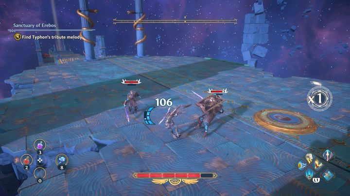 Idąc dalej, napotkasz na dwóch żołnierzy Tyfona, nie są oni zagrożeniem, więc pozbądź się ich i wejdź na platformę - Immortals Fenyx Rising: Hierarchia ważności - solucja, opis przejścia - Immortals Fenyx Rising - poradnik do gry