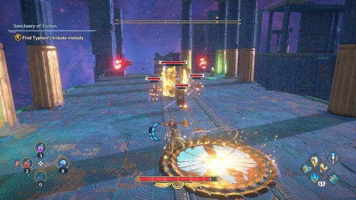 Gdy dojdziesz do punktu kontrolnego, pojawi się większy żołnierz Tyfona z tarczą, który przyzwie mniejszych żołnierzy - Immortals Fenyx Rising: Hierarchia ważności - solucja, opis przejścia - Immortals Fenyx Rising - poradnik do gry