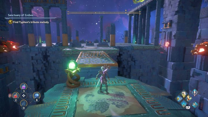 Na sam koniec, poczekaj aż kolce znikną, a następnie przeskocz na kładkę z kolcami, uważając na ogniste pociski - Immortals Fenyx Rising: Hierarchia ważności - solucja, opis przejścia - Immortals Fenyx Rising - poradnik do gry