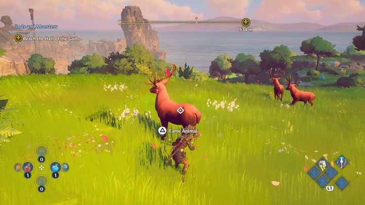 Uważaj na czerwony wykrzyknik, który pojawi się nad głową wierzchowca, oznacza to, że cię widzi i może się spłoszyć - Immortals Fenyx Rising: Wierzchowce - jak okiełznać? - Immortals Fenyx Rising - poradnik do gry