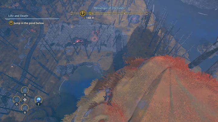 Będąc w stawie, popłyń do lądu, następnie udaj się do znacznika, który pojawił się na kompasie - Immortals Fenyx Rising: Życie i śmierć - solucja, opis przejścia - Immortals Fenyx Rising - poradnik do gry