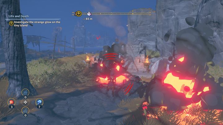 Schodząc niżej, niedaleko drzewa oraz pochodni, pojawią się kolejni przeciwnicy - Immortals Fenyx Rising: Życie i śmierć - solucja, opis przejścia - Immortals Fenyx Rising - poradnik do gry