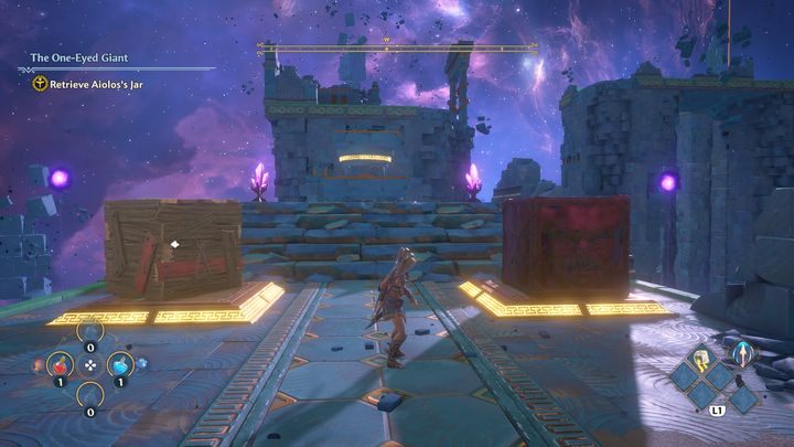 Następne zadanie będzie podobne, aktywuj przycisk, umieść drewnianą skrzynię po lewej stronie, natomiast ciężki blok przetransportuj na platformę po prawej stronie i idź dalej - Immortals Fenyx Rising: Zamglony wzrok - solucja, opis przejścia - Immortals Fenyx Rising - poradnik do gry