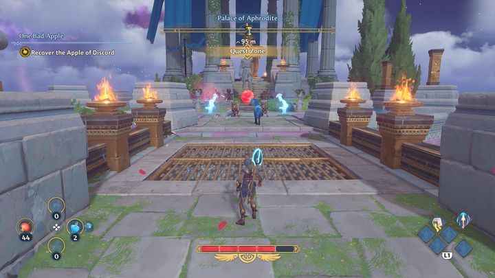 Idź na samą górę, tam napotkasz grupę przeciwników, mianowicie żołnierzy - Immortals Fenyx Rising: Jedno zepsute jabłko - solucja, opis przejścia - Immortals Fenyx Rising - poradnik do gry