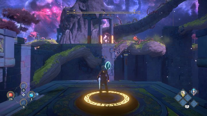 Ostatni etap, to ustanie na platformie i strzelenie w nasiono ognistą strzałą, które znajduje się przed tobą - Immortals Fenyx Rising: Złośliwa bogini - solucja, opis przejścia - Immortals Fenyx Rising - poradnik do gry