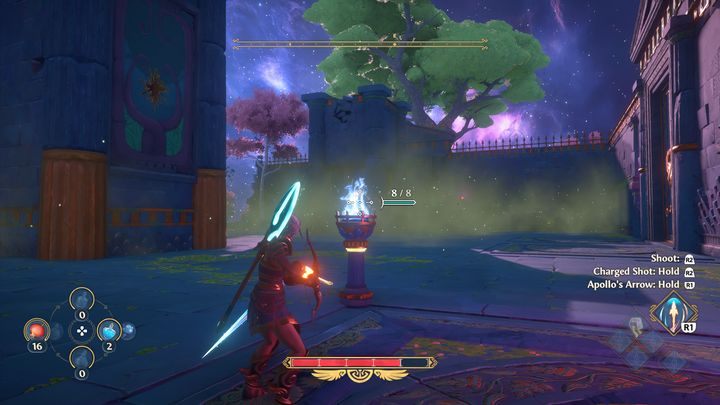 W momencie, gdy Minotaur zostanie ogłuszony, możesz podejść do pochodni po lewej stronie i strzelić w nasiono, aby pozbyć się częściowo trucizny - Immortals Fenyx Rising: Złośliwa bogini - solucja, opis przejścia - Immortals Fenyx Rising - poradnik do gry