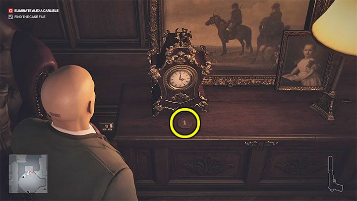 Pierwszy obrazek pokazuje mały zegar - Hitman 3: Zagadka z ukrytym sejfem - Dartmoor, solucja - Hitman 3 - poradnik, solucja