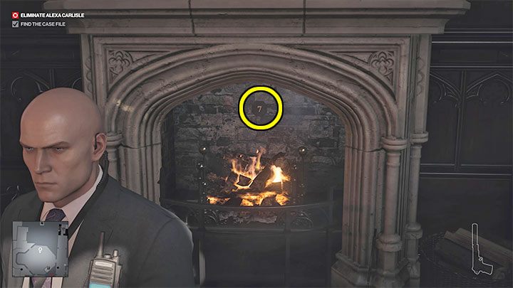 Trzeci obrazek pokazuje ognisko i jest to podpowiedź, że musisz zainteresować się kominkiem zlokalizowanym na dolnym poziomie biura - Hitman 3: Zagadka z ukrytym sejfem - Dartmoor, solucja - Hitman 3 - poradnik, solucja
