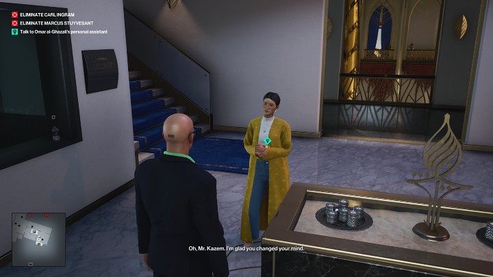 Porozmawiaj z asystentką Omara, a kobieta poinformuje Cię, że Carl Ingram spodziewa się Twojego przybycia i po chwili zaprowadzi Cię do sali konferencyjnej - Hitman 3: Bird Of Prey - Dubaj, zadania fabularne, solucja - Hitman 3 - poradnik, solucja